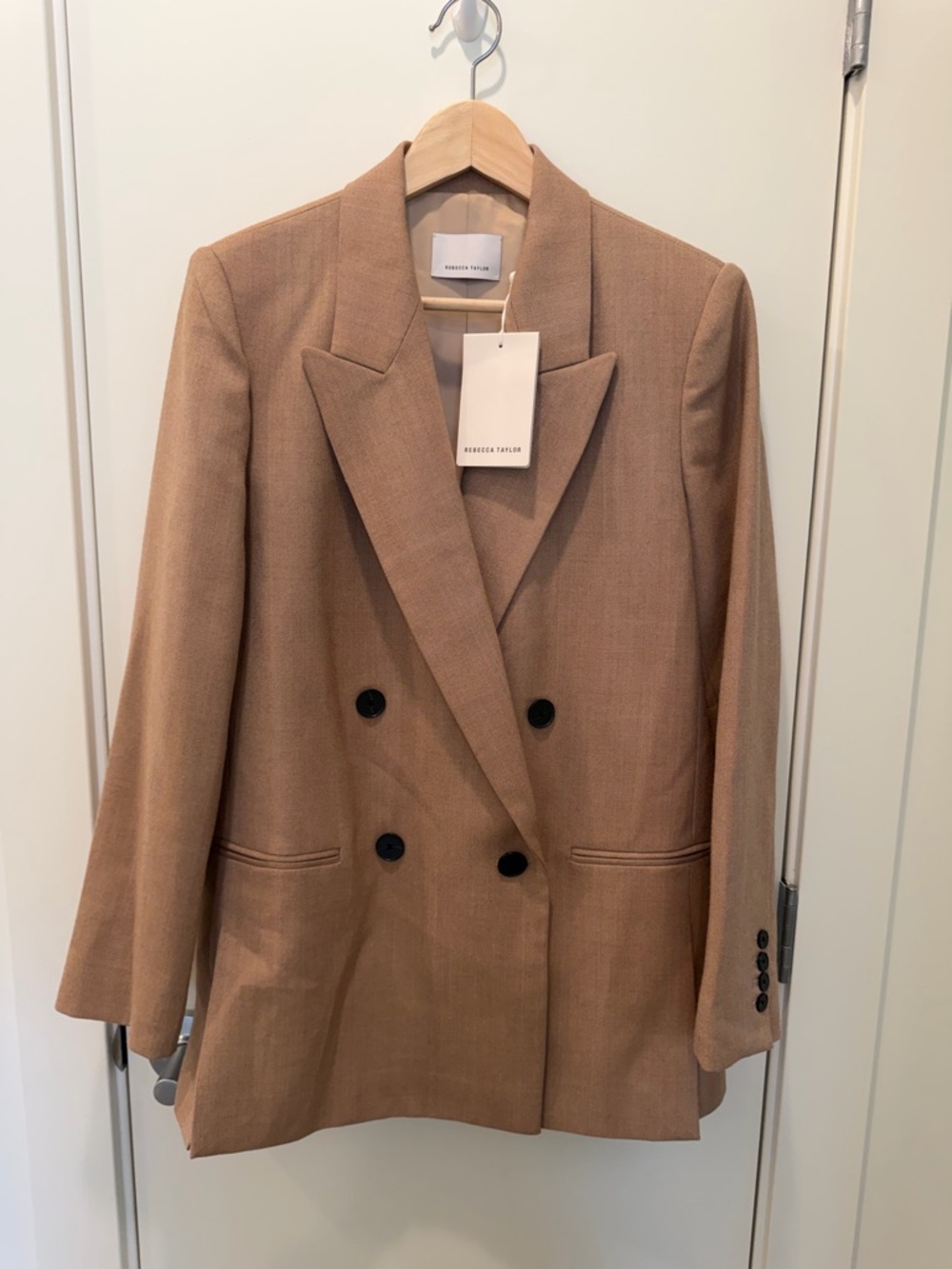 Rebecca Taylor Camel Double-Breasted Blazer with Black Buttons